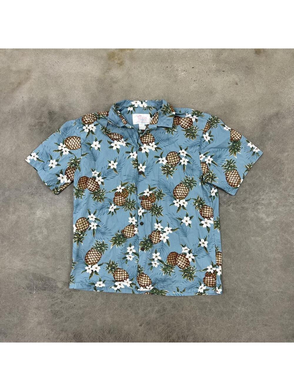 Hawaiian Shirt Blue Men's Large Vintage 80s 90s Pineapple Graphic Made in Hawaii